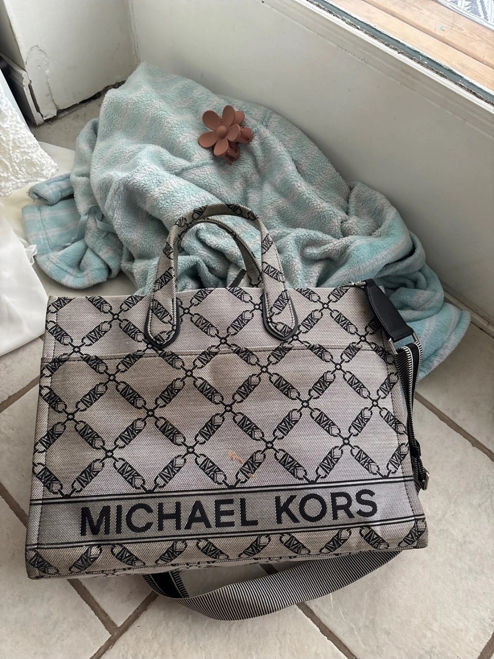 MICHAEL KORS Beige Logo-Print Canvas Tote with Black Accents